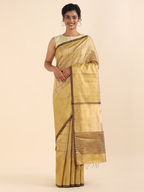 Taneira Golden Chequered Saree With Unstitched Blouse Price in India