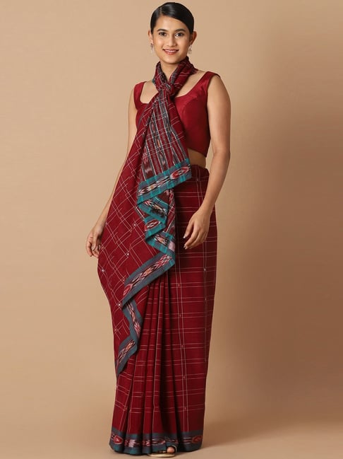 Taneira Maroon Cotton Chequered Saree Without Blouse Price in India