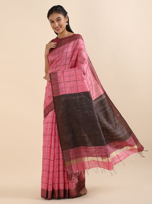 Taneira Pink Chequered Saree With Unstitched Blouse Price in India