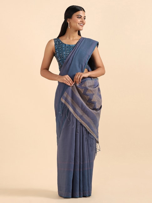 Taneira Navy Cotton Saree With Unstitched Blouse Price in India