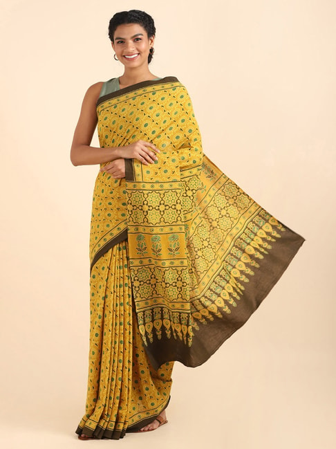Taneira Yellow Cotton Printed Saree With Unstitched Blouse Price in India