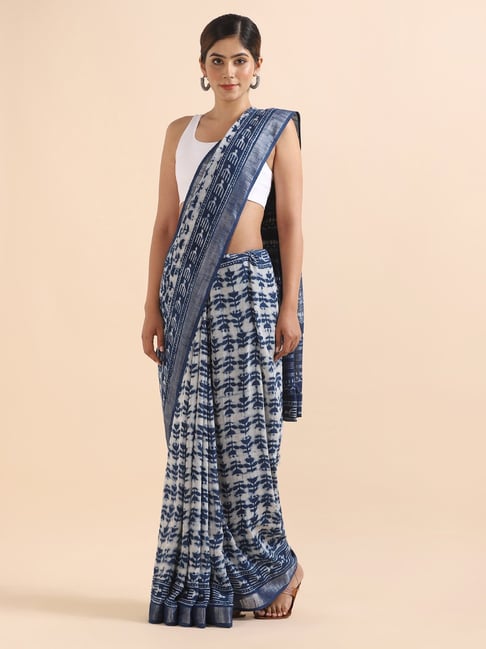 Taneira Blue Linen Printed Saree With Unstitched Blouse Price in India
