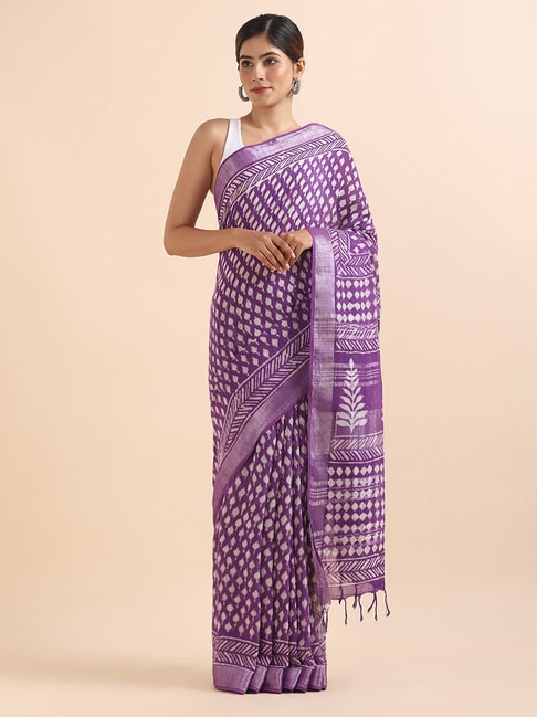 Taneira Violet Linen Printed Saree With Unstitched Blouse Price in India