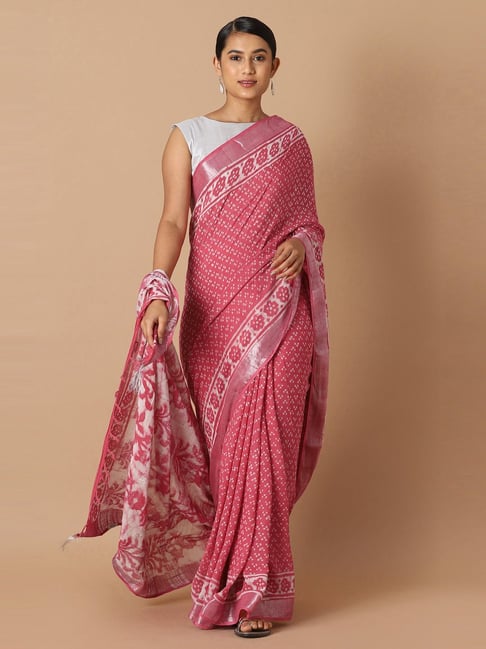 Taneira Pink Linen Printed Saree With Unstitched Blouse Price in India