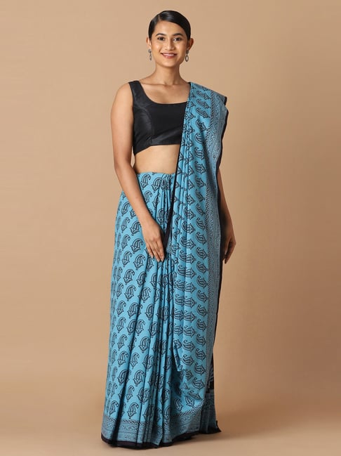 Taneira Blue Cotton Printed Saree With Unstitched Blouse Price in India