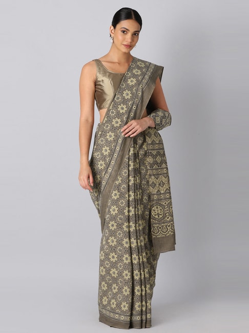 Taneira Grey Cotton Printed Saree With Unstitched Blouse Price in India