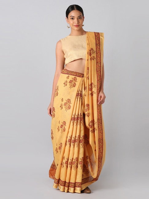 Taneira Orange Silk Printed Saree With Unstitched Blouse Price in India