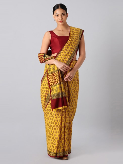 Taneira Yellow Cotton Printed Saree With Unstitched Blouse Price in India