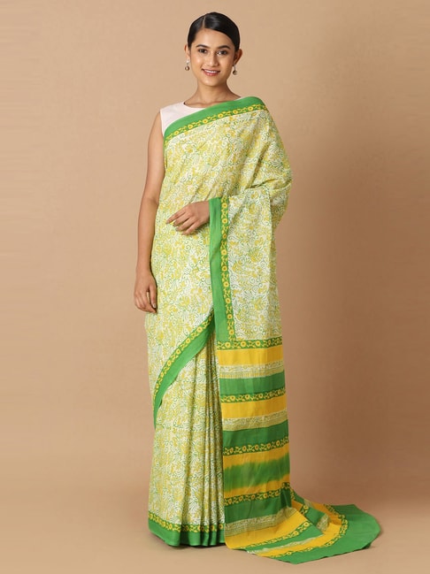 Taneira Green Cotton Printed Saree With Unstitched Blouse Price in India