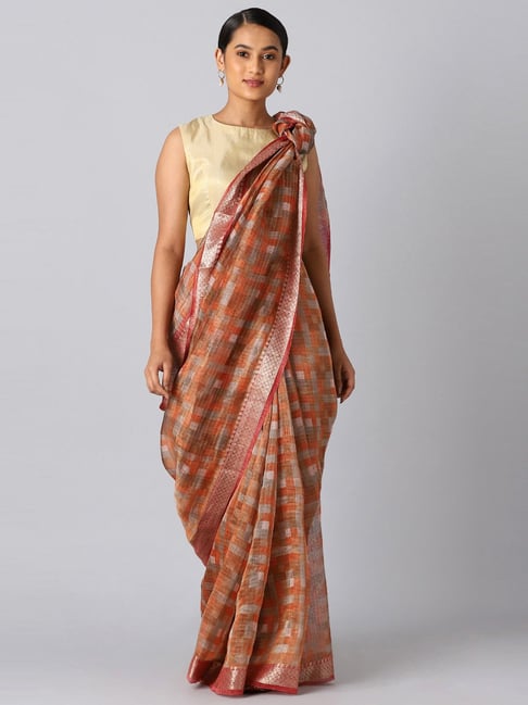 Taneira Orange Printed Saree With Unstitched Blouse Price in India