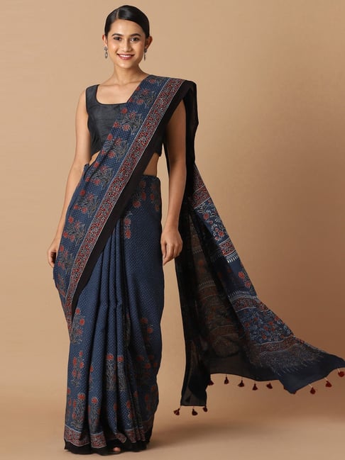 Taneira Navy Cotton Printed Saree With Unstitched Blouse Price in India