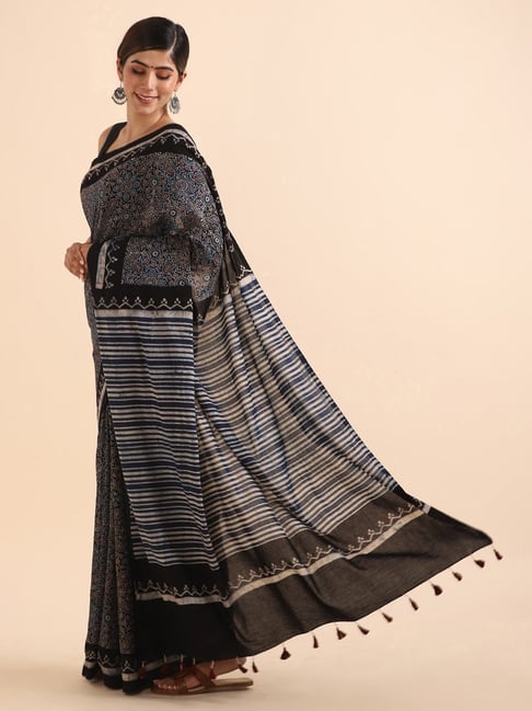 Taneira Navy Cotton Printed Saree With Unstitched Blouse Price in India