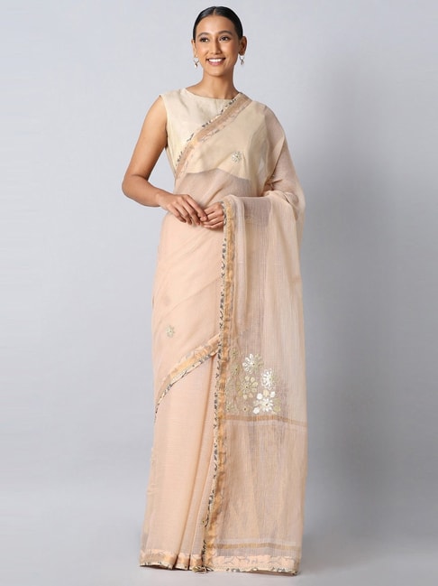 Taneira Beige Embroidered Saree With Unstitched Blouse Price in India