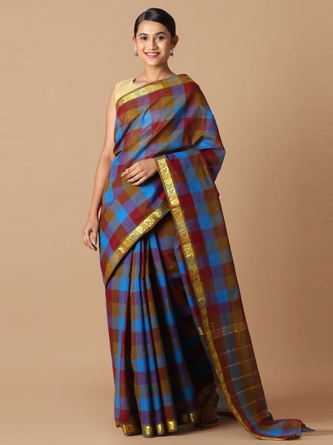 Taneira Blue Cotton Chequered Saree Without Blouse Price in India