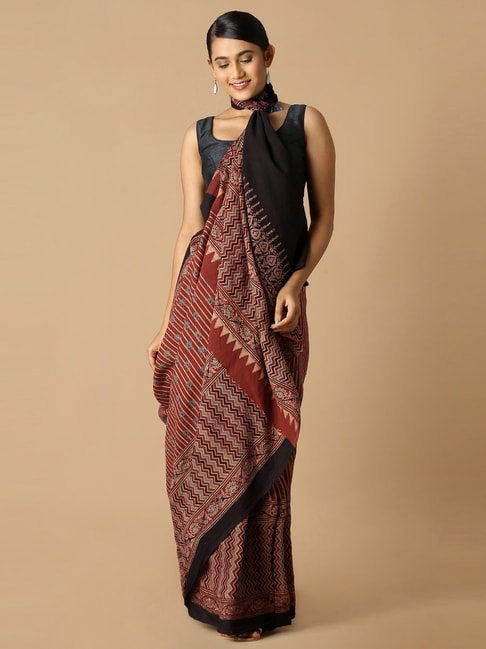 Taneira Brown Cotton Printed Saree With Unstitched Blouse Price in India