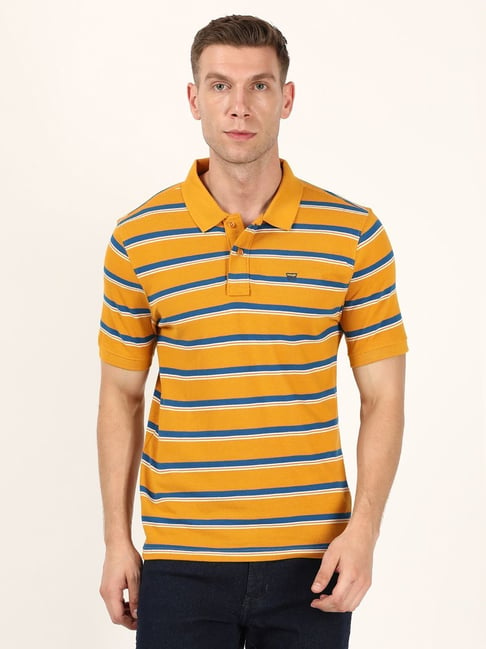 Wrangler Mustard Regular Fit Striped Polo T-Shirt