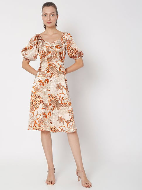 Vero Moda Off White Printed Fit & Flare Dress