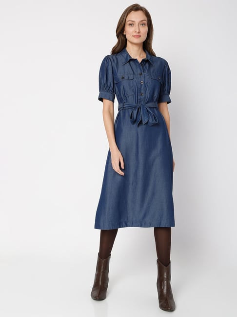 Vero Moda Dark Blue Solid Shirt Dress