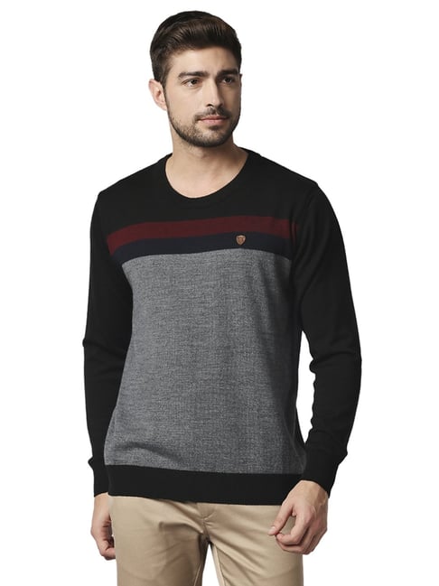 Buy Raymond Black Regular Fit Colour Block Sweater for Mens Online