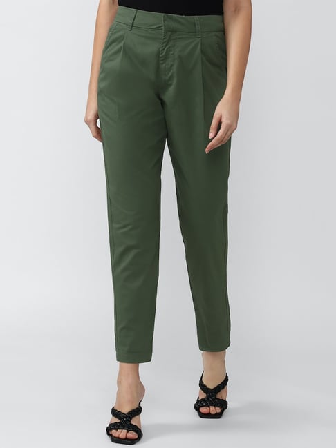 The Green High Waisted Corduroy Pants - Women's Corduroy High Waist Pants,  Straight, Cotton - Green - Bottoms | RIHOAS