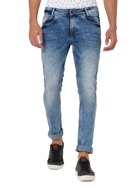 Mufti Blue Skinny Fit Heavily Washed Jeans