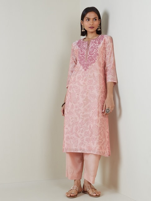 Vark by Westside Peach Embroidered Kurta And Palazzo Set Price in India