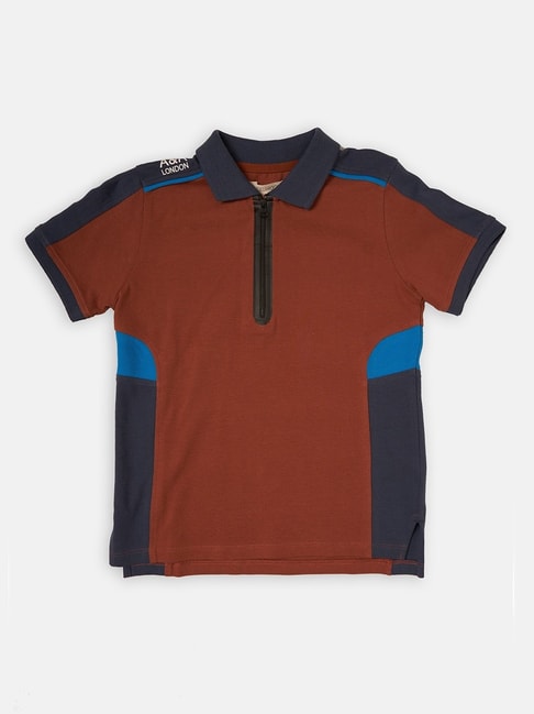 Angel & Rocket Kids Brown & Blue Cotton Color Block Polo T-Shirt