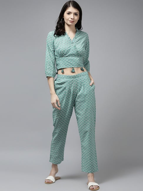 Buy Rain and Rainbow Green Cotton Printed Jumpsuit for Women