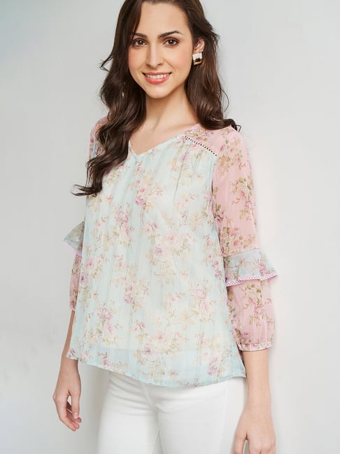 AND Turquoise & Pink Printed Top Price in India