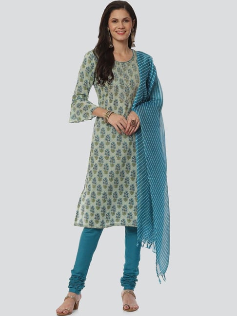 Biba Green & Blue Cotton Printed Unstitched Dress Material