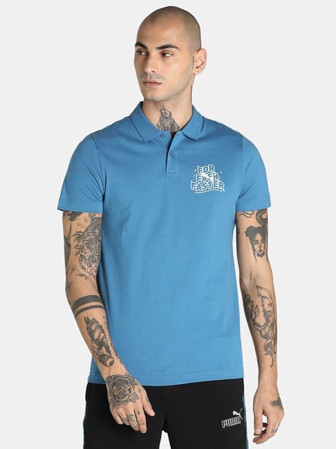 Puma Blue Cotton Slim Fit Printed Polo T-Shirt