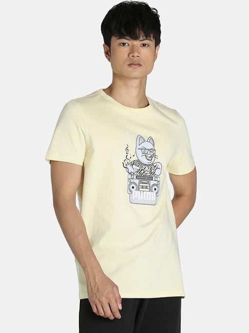 Puma Yellow Cotton Regular Fit Printed T-Shirt