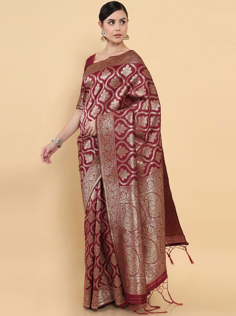 Soch Maroon Silk Woven Saree With Unstitched Blouse Price in India