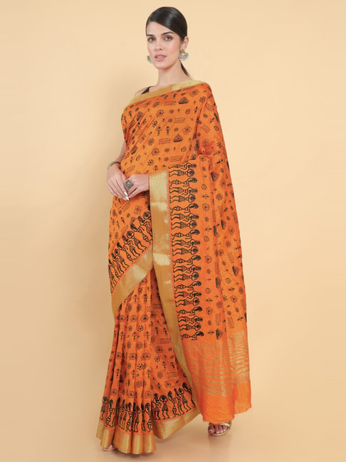 Soch Orange Silk Printed Saree With Unstitched Blouse Price in India