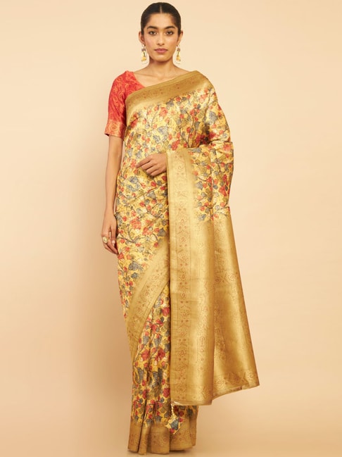 Soch Mustard Printed Saree With Unstitched Blouse Price in India
