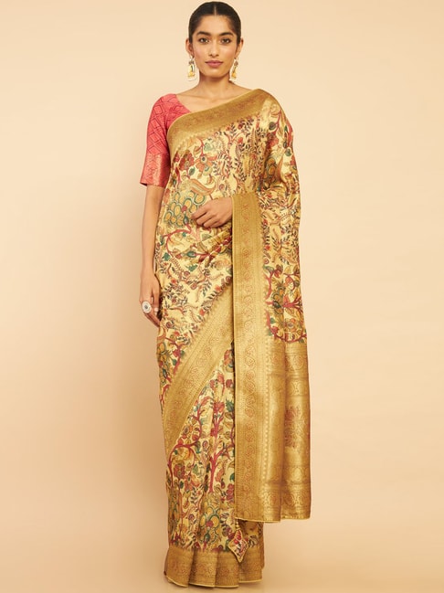 Soch Yellow Printed Saree With Unstitched Blouse Price in India
