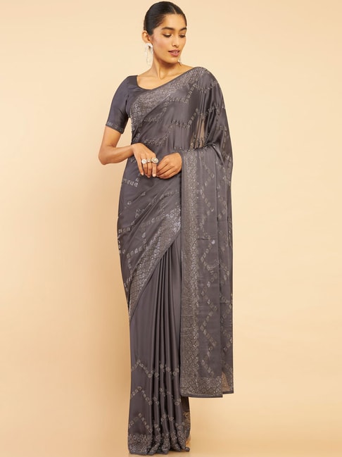Soch Grey Embellished Saree With Unstitched Blouse Price in India