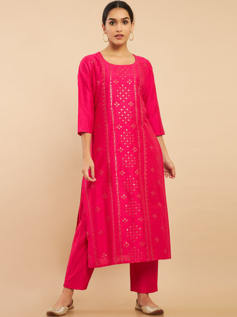Soch Pink Embellished Kurta Pant Set Price in India