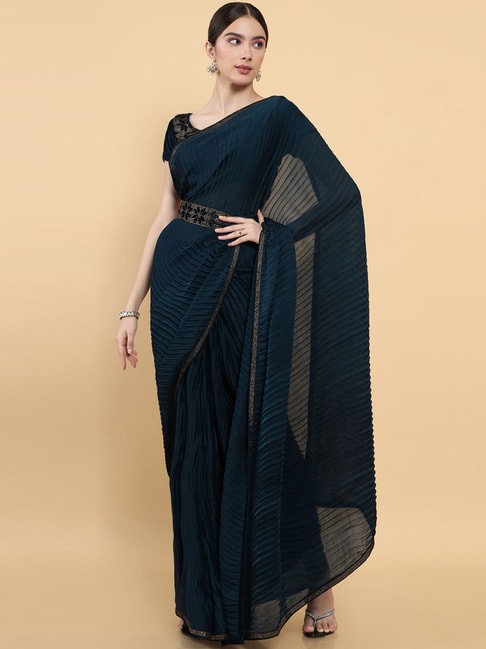 Soch Navy Saree With Unstitched Blouse Price in India