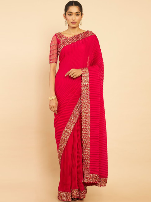 Soch Magenta Embellished Saree With Unstitched Blouse Price in India