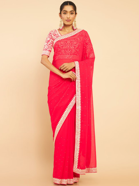 Soch Red Embellished Saree With Unstitched Blouse Price in India