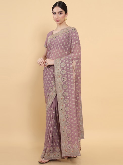 Soch Purple Embroidered Saree With Unstitched Blouse Price in India