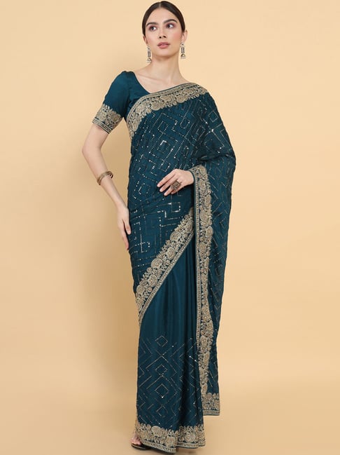Soch Turquoise Embellished Saree With Unstitched Blouse Price in India