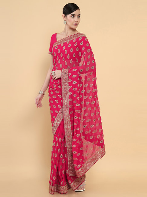 Soch Pink Zari Work Saree With Unstitched Blouse Price in India