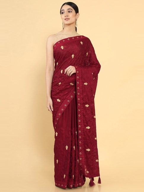 Soch Maroon Embroidered Saree With Unstitched Blouse Price in India