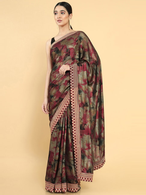 Soch Maroon & Beige Embroidered Saree With Unstitched Blouse Price in India