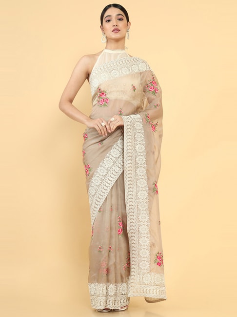 Soch Brown Embroidered Saree With Unstitched Blouse Price in India