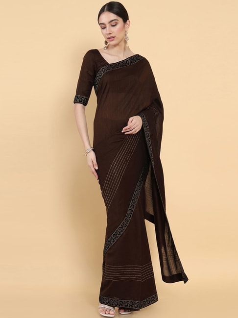 Soch Brown Silk Embellished Saree With Unstitched Blouse Price in India