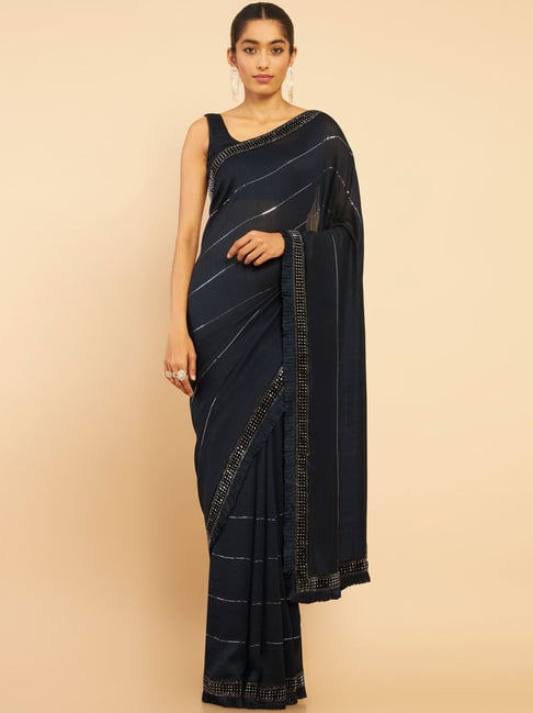 Soch Navy Embellished Saree With Unstitched Blouse Price in India