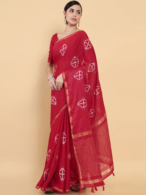 Soch Red Printed Saree With Unstitched Blouse Price in India